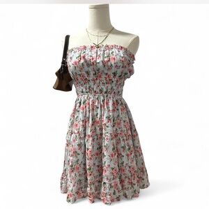 Baby Doll NWT Pink Baby Blue Floral Strapless Mini Tiered Dress Woman's Small